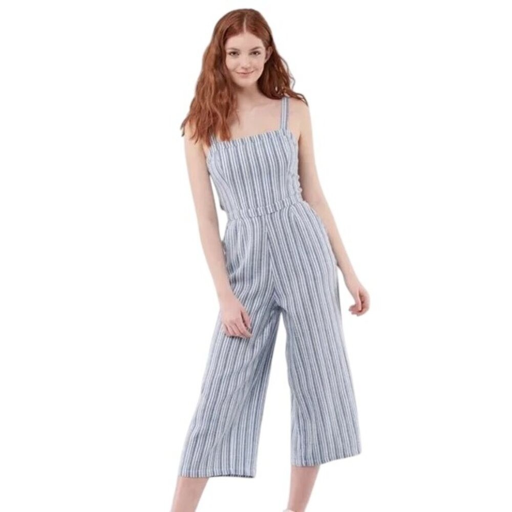 Hollister Striped Cropped Wide Leg Jumpsuit Womens XS Blue White Casual Beach